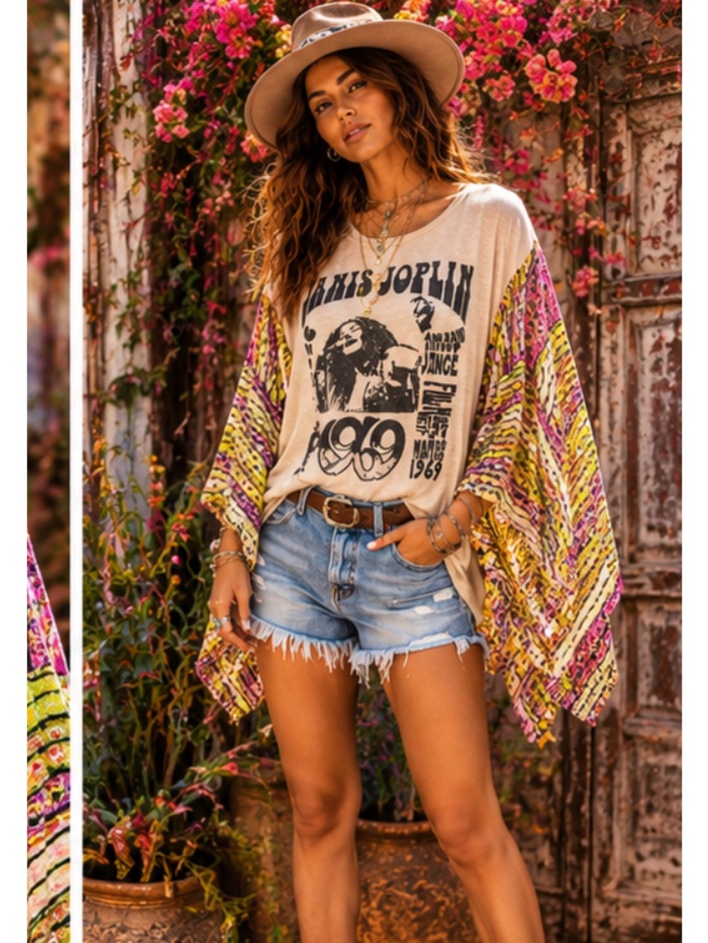 Janis Joplin Graphic Tee with Kantha kimono sleeves- Poncho style - Picture 1 of 9